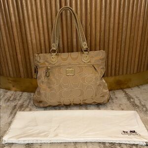 Coach Poppy Glam Tote Handbag signature Lurex Gold Khaki #17890